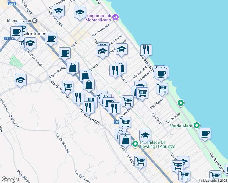 map of restaurants, bars, coffee shops, grocery stores, and more near 3 Via Guidonia in Montesilvano