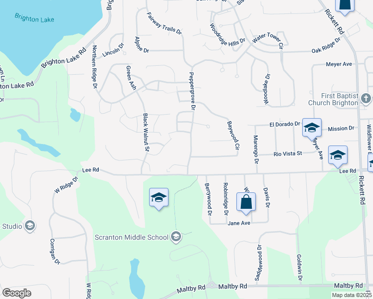 map of restaurants, bars, coffee shops, grocery stores, and more near 1373 Peppergrove Drive in Brighton