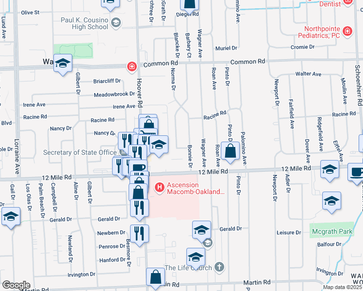 map of restaurants, bars, coffee shops, grocery stores, and more near 11904 Geoffry Drive in Warren