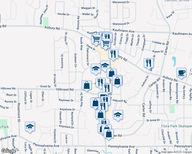map of restaurants, bars, coffee shops, grocery stores, and more near 2135 Woodland Drive in Dubuque