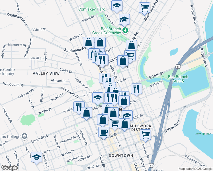 map of restaurants, bars, coffee shops, grocery stores, and more near 1685 Central Avenue in Dubuque