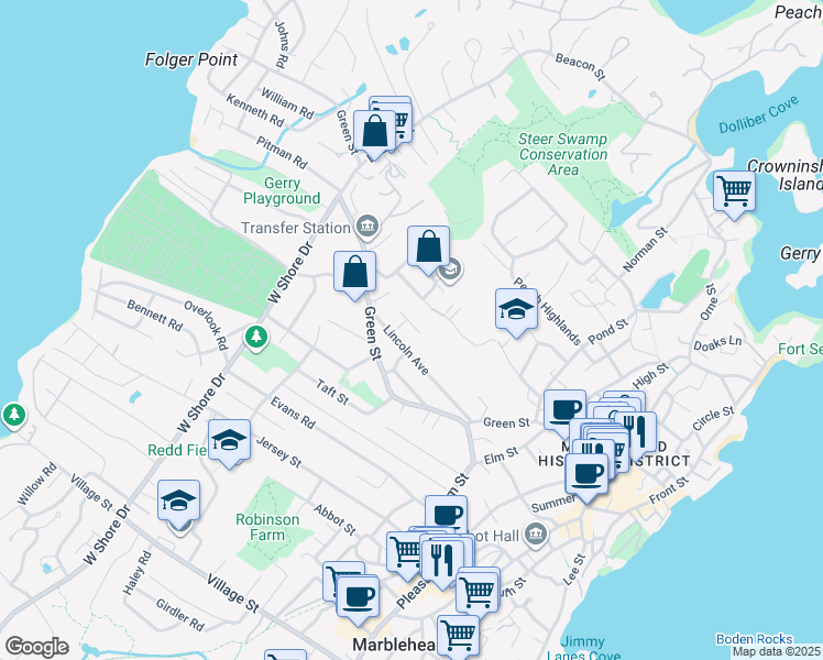map of restaurants, bars, coffee shops, grocery stores, and more near 29 Lincoln Avenue in Marblehead