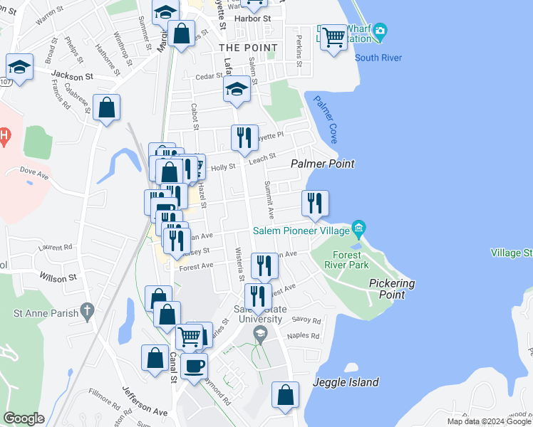 map of restaurants, bars, coffee shops, grocery stores, and more near 36 Ocean Avenue in Salem