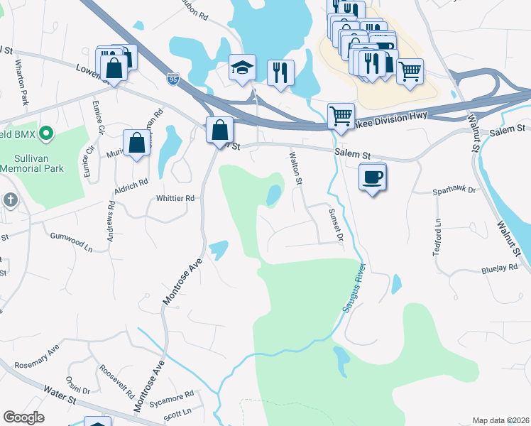 map of restaurants, bars, coffee shops, grocery stores, and more near 6 Jessica Lane in Wakefield