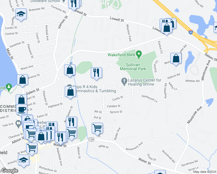 map of restaurants, bars, coffee shops, grocery stores, and more near 16 Wilson Avenue in Wakefield