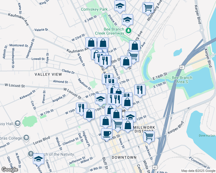 map of restaurants, bars, coffee shops, grocery stores, and more near 1685 Central Avenue in Dubuque