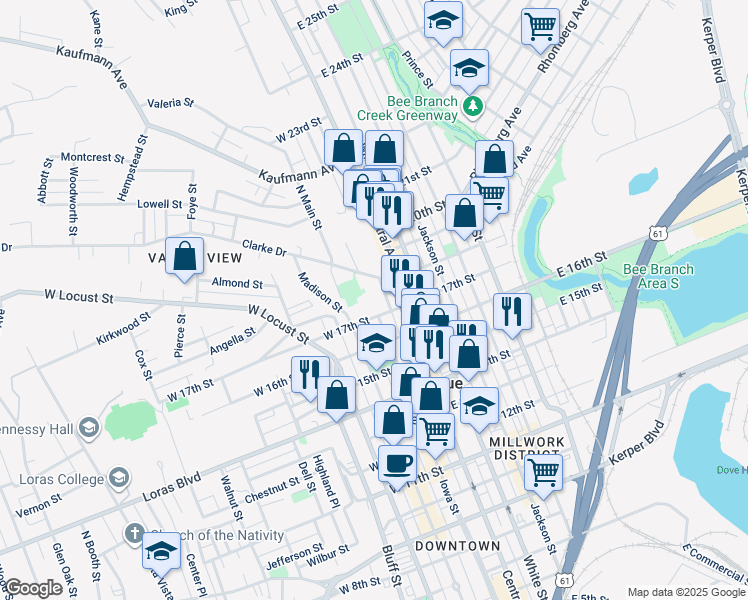 map of restaurants, bars, coffee shops, grocery stores, and more near 135 West 17th Street in Dubuque
