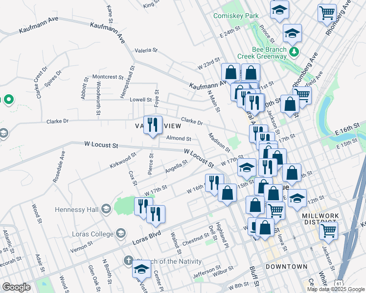 map of restaurants, bars, coffee shops, grocery stores, and more near 490 West Locust Street in Dubuque