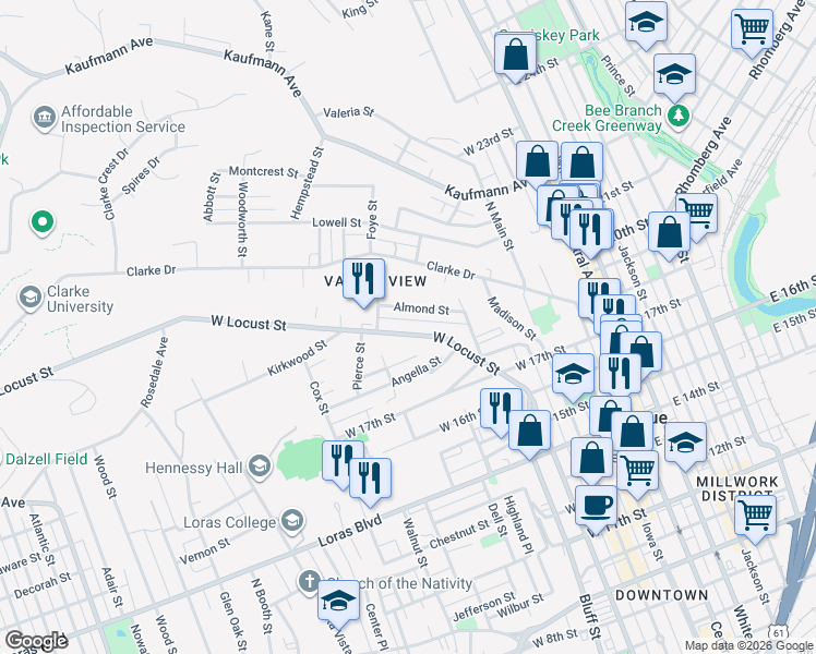 map of restaurants, bars, coffee shops, grocery stores, and more near 546 West Locust Street in Dubuque