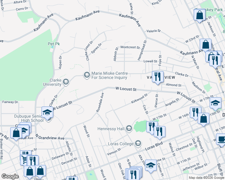 map of restaurants, bars, coffee shops, grocery stores, and more near 960 West Locust Street in Dubuque