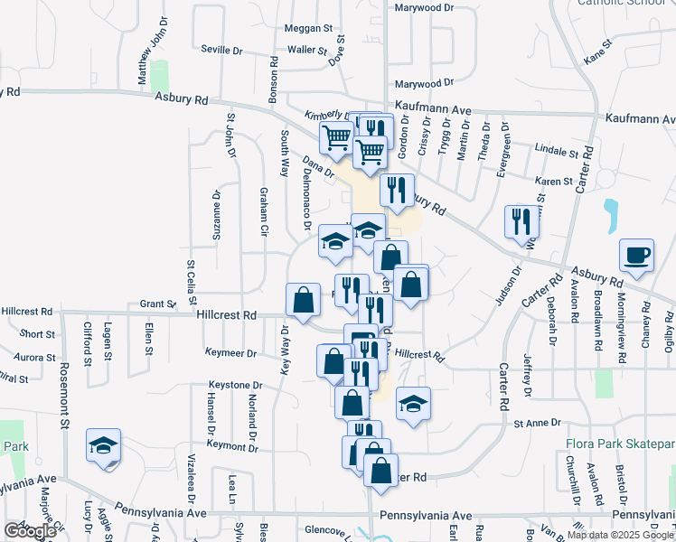 map of restaurants, bars, coffee shops, grocery stores, and more near 3351-3499 Foothill Road in Dubuque