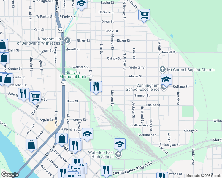 map of restaurants, bars, coffee shops, grocery stores, and more near 305 Sumner Street in Waterloo