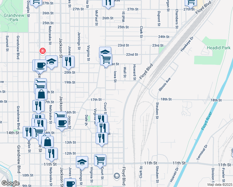 map of restaurants, bars, coffee shops, grocery stores, and more near 1101-1299 17th St in Sioux City