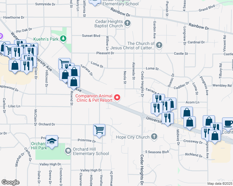 map of restaurants, bars, coffee shops, grocery stores, and more near 2605 Terrace Drive in Cedar Falls