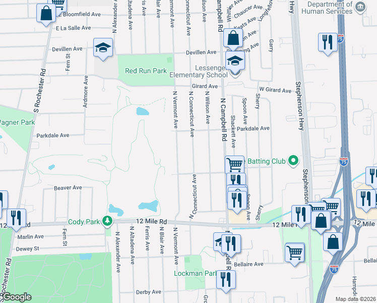 map of restaurants, bars, coffee shops, grocery stores, and more near 2129 North Connecticut Avenue in Royal Oak