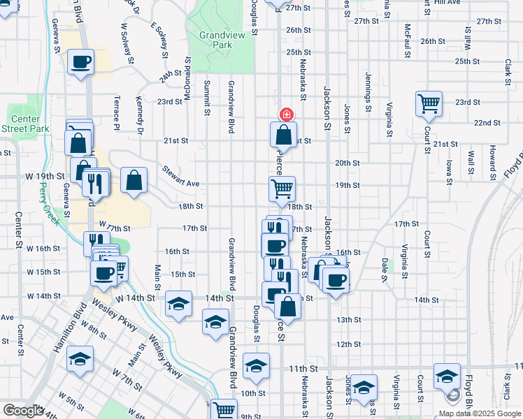 map of restaurants, bars, coffee shops, grocery stores, and more near 1724 Douglas Street in Sioux City