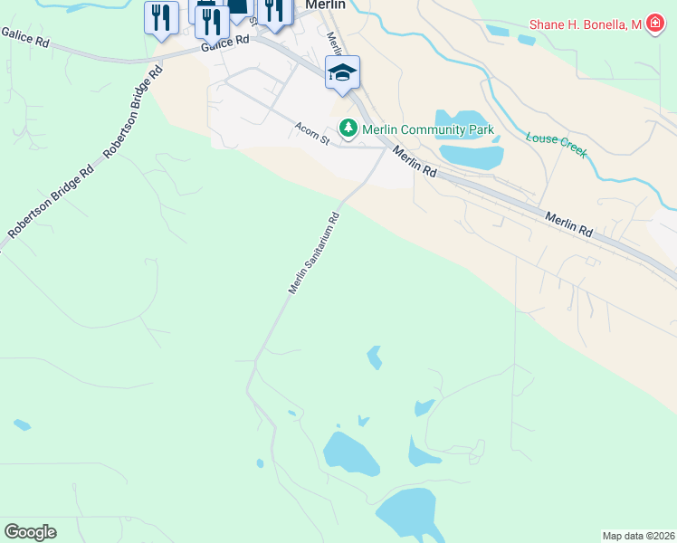map of restaurants, bars, coffee shops, grocery stores, and more near 605 Merlin Sanitarium Road in Merlin