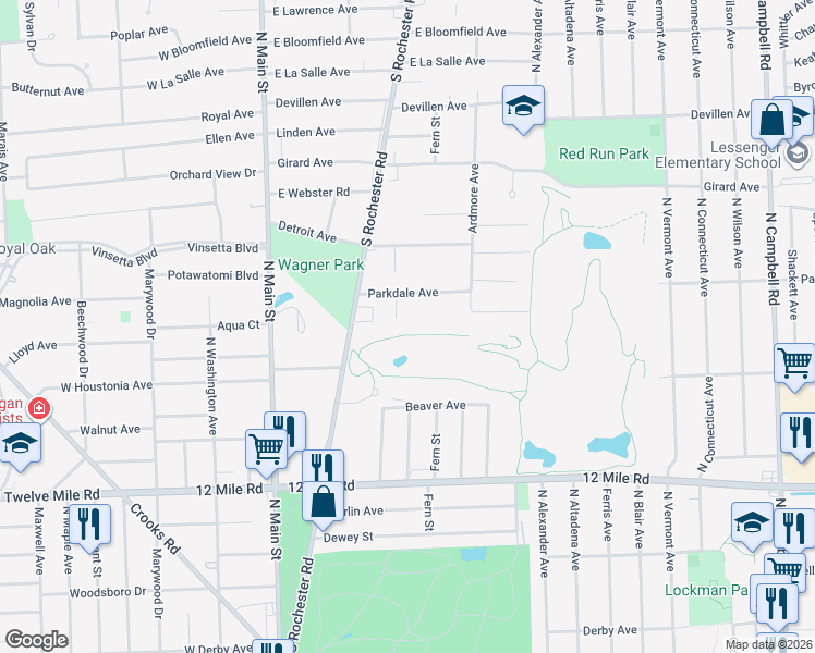 map of restaurants, bars, coffee shops, grocery stores, and more near 2300 Red Run Court in Royal Oak