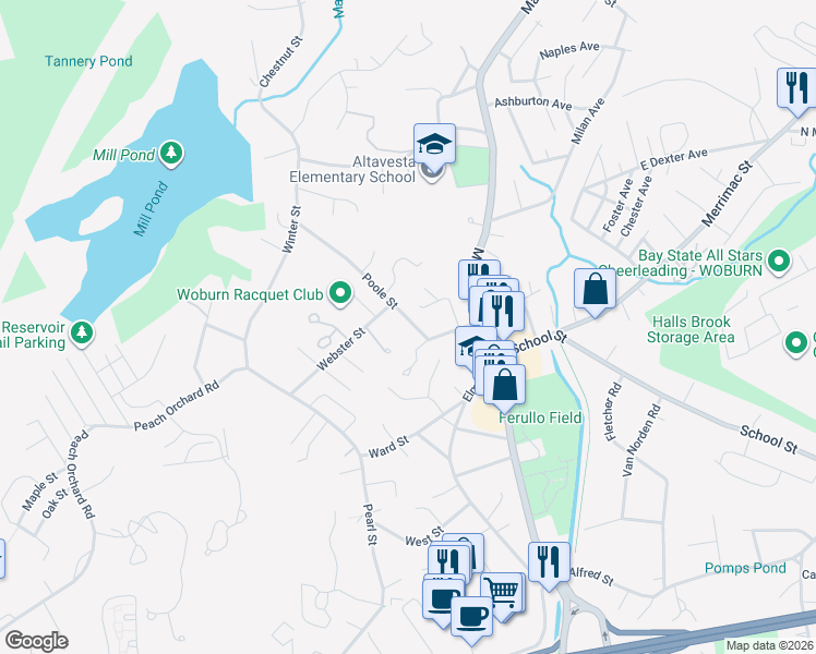 map of restaurants, bars, coffee shops, grocery stores, and more near 6 Poole Street in Woburn