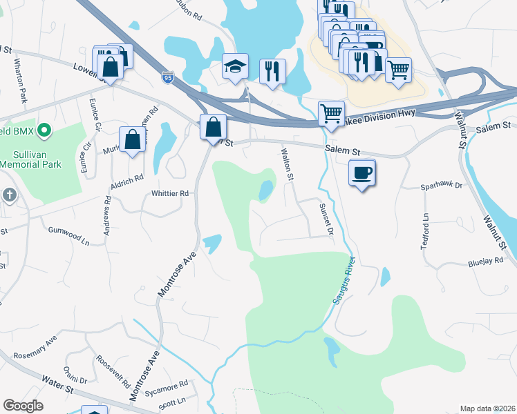map of restaurants, bars, coffee shops, grocery stores, and more near 6 Jessica Lane in Wakefield
