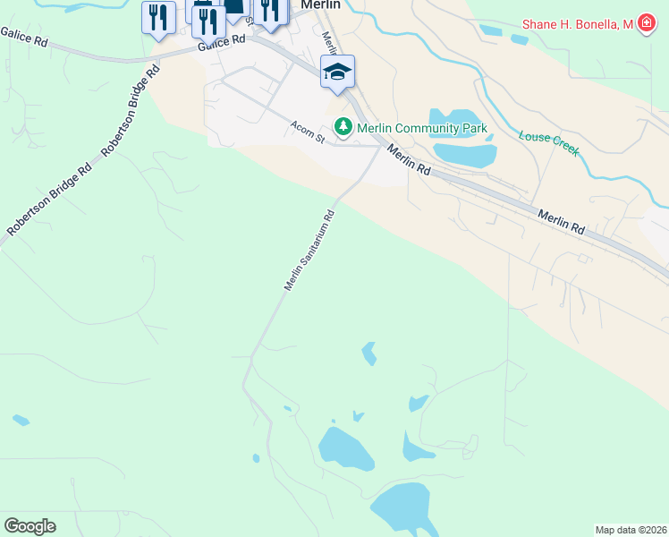 map of restaurants, bars, coffee shops, grocery stores, and more near 605 Merlin Sanitarium Road in Merlin