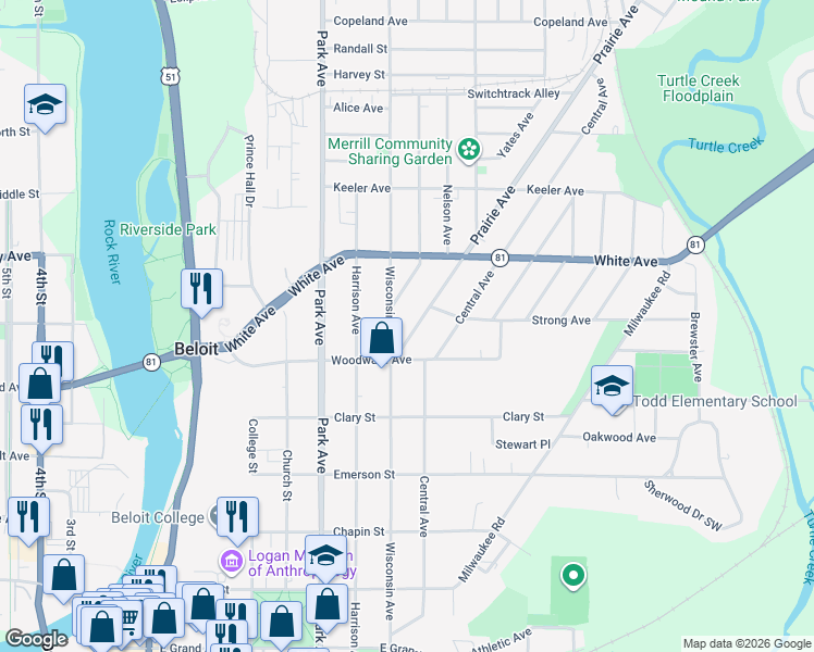 map of restaurants, bars, coffee shops, grocery stores, and more near 1006 Prairie Avenue in Beloit