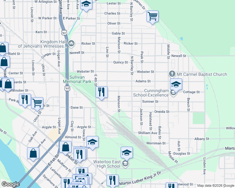 map of restaurants, bars, coffee shops, grocery stores, and more near 305 Sumner Street in Waterloo