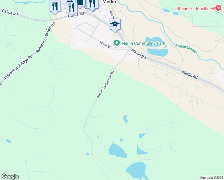 map of restaurants, bars, coffee shops, grocery stores, and more near 605 Merlin Sanitarium Road in Merlin