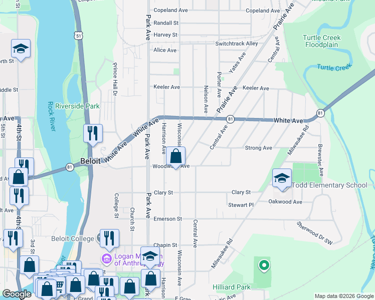 map of restaurants, bars, coffee shops, grocery stores, and more near 1030 Prairie Avenue in Beloit