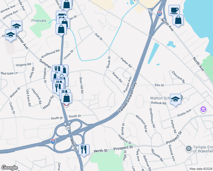 map of restaurants, bars, coffee shops, grocery stores, and more near 3 Summit Drive in Reading