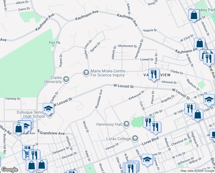 map of restaurants, bars, coffee shops, grocery stores, and more near 960 West Locust Street in Dubuque