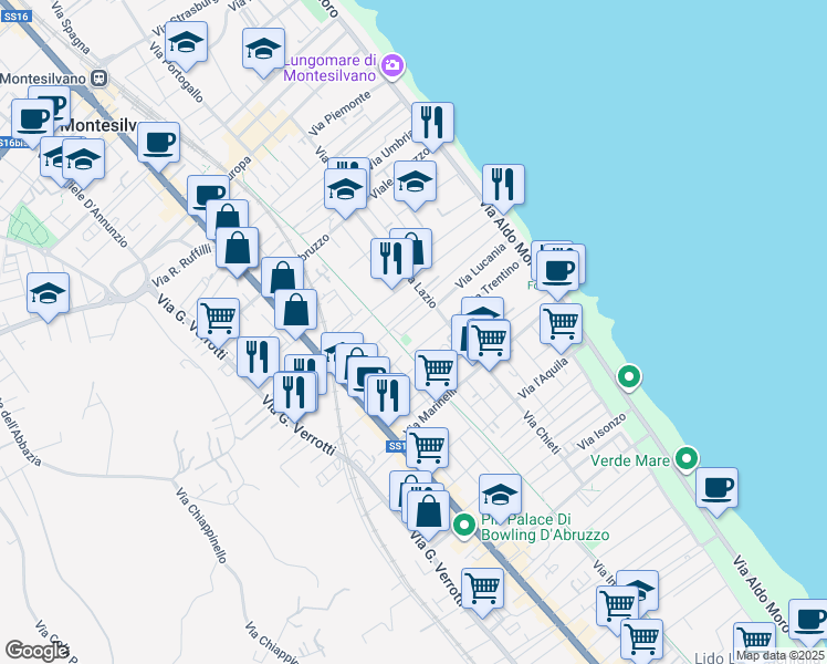 map of restaurants, bars, coffee shops, grocery stores, and more near 3 Via Guidonia in Montesilvano