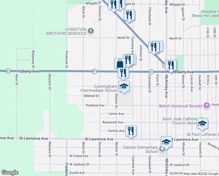 map of restaurants, bars, coffee shops, grocery stores, and more near 2026 Merrill Street in Beloit