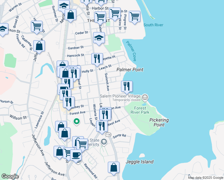 map of restaurants, bars, coffee shops, grocery stores, and more near 8 Glendale Street in Salem