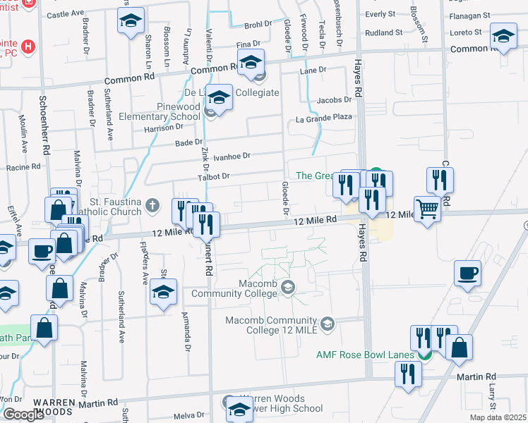 map of restaurants, bars, coffee shops, grocery stores, and more near 14601 East Twelve Mile Road in Warren