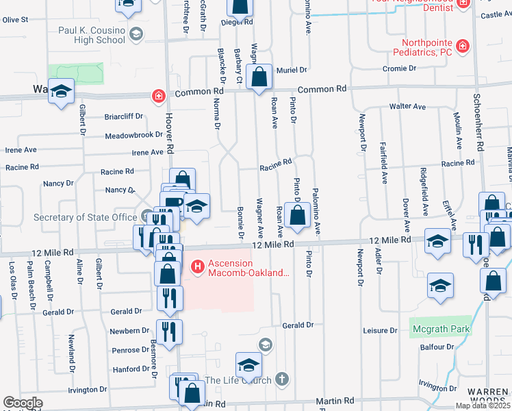 map of restaurants, bars, coffee shops, grocery stores, and more near 29134 Bonnie Drive in Warren