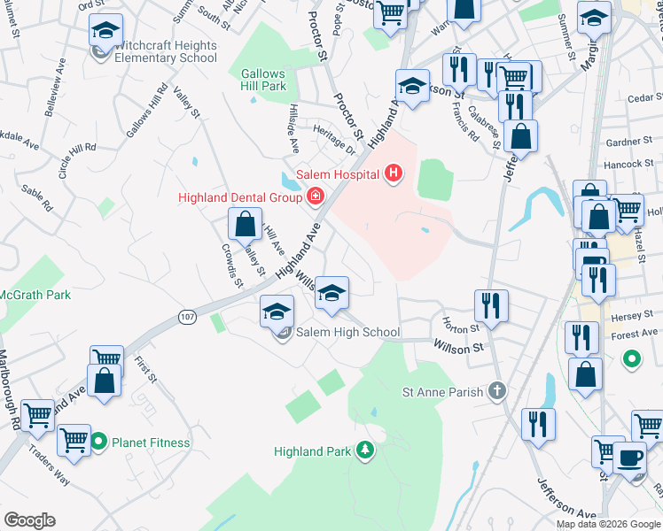 map of restaurants, bars, coffee shops, grocery stores, and more near 9 Berrywood Lane in Salem