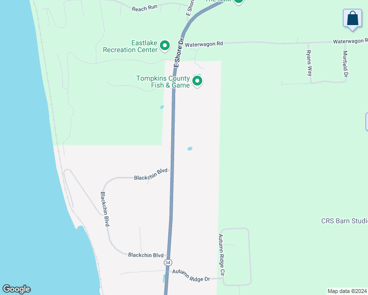 map of restaurants, bars, coffee shops, grocery stores, and more near 1583 East Shore Drive in Ithaca