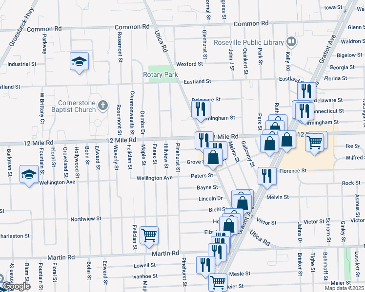 map of restaurants, bars, coffee shops, grocery stores, and more near 17808 Wellworth Street in Roseville
