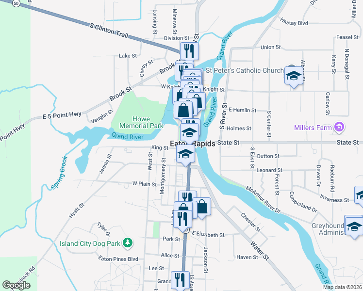 map of restaurants, bars, coffee shops, grocery stores, and more near 107 King Street in Eaton Rapids