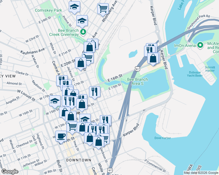 map of restaurants, bars, coffee shops, grocery stores, and more near 1450 Maple Street in Dubuque