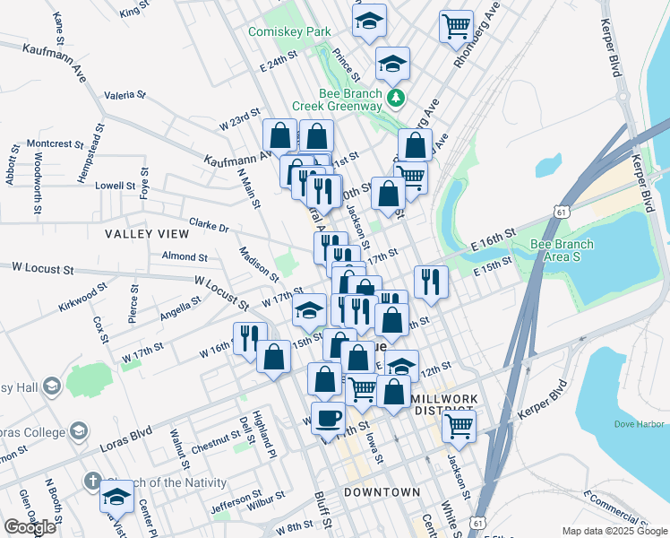 map of restaurants, bars, coffee shops, grocery stores, and more near 1685 Central Avenue in Dubuque
