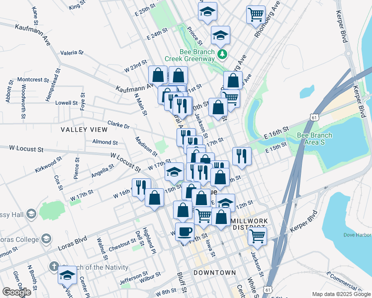map of restaurants, bars, coffee shops, grocery stores, and more near 1685 Central Avenue in Dubuque