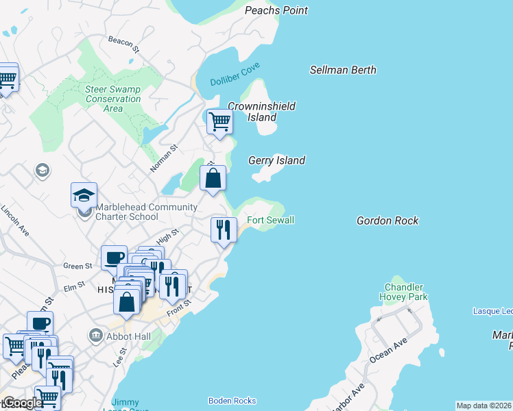 map of restaurants, bars, coffee shops, grocery stores, and more near 8 Fort Sewall Lane in Marblehead