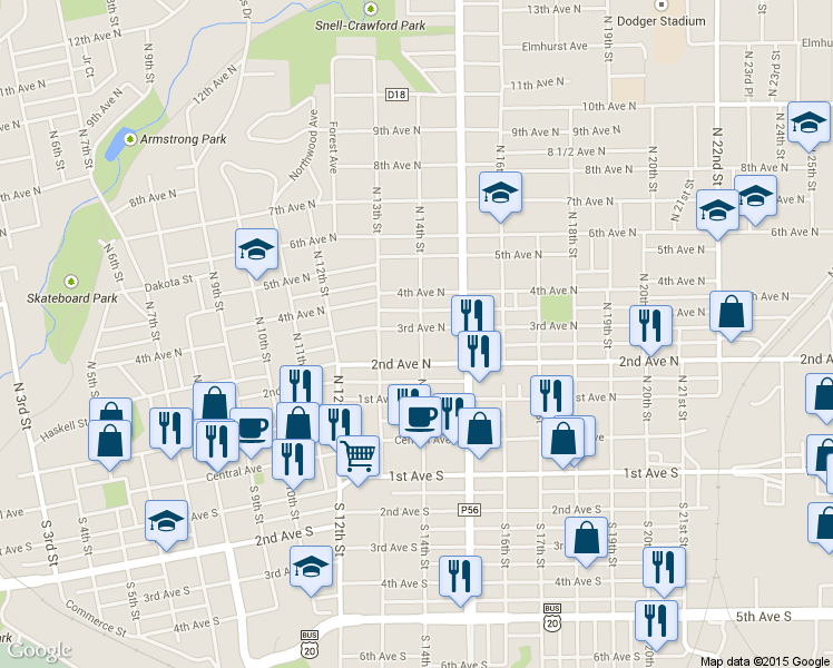 map of restaurants, bars, coffee shops, grocery stores, and more near 1339 3rd Avenue North in Fort Dodge