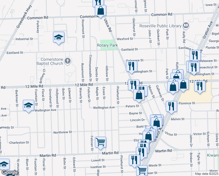 map of restaurants, bars, coffee shops, grocery stores, and more near 28925 Hillview Street in Roseville