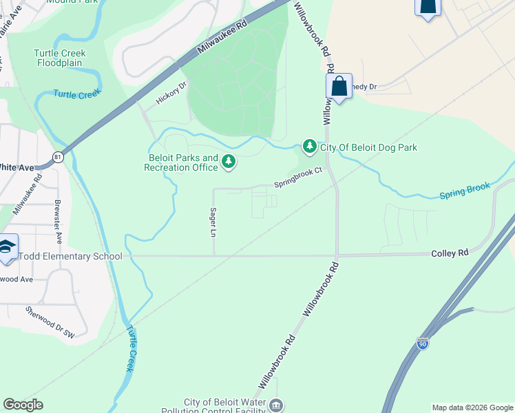 map of restaurants, bars, coffee shops, grocery stores, and more near 2400 Springbrook Court in Beloit