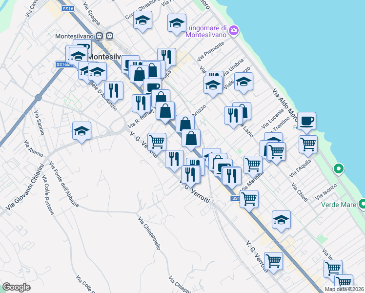 map of restaurants, bars, coffee shops, grocery stores, and more near Via Vincenzo Agostinone in Montesilvano