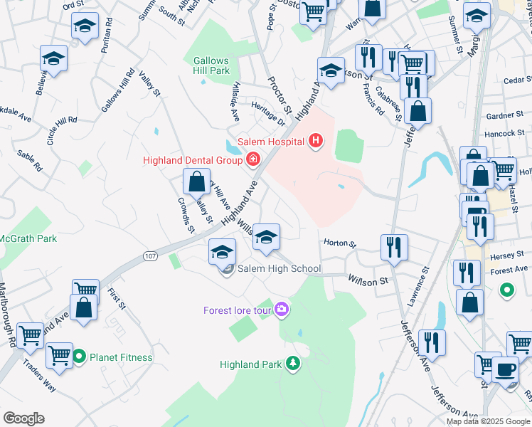 map of restaurants, bars, coffee shops, grocery stores, and more near 9 Berrywood Lane in Salem