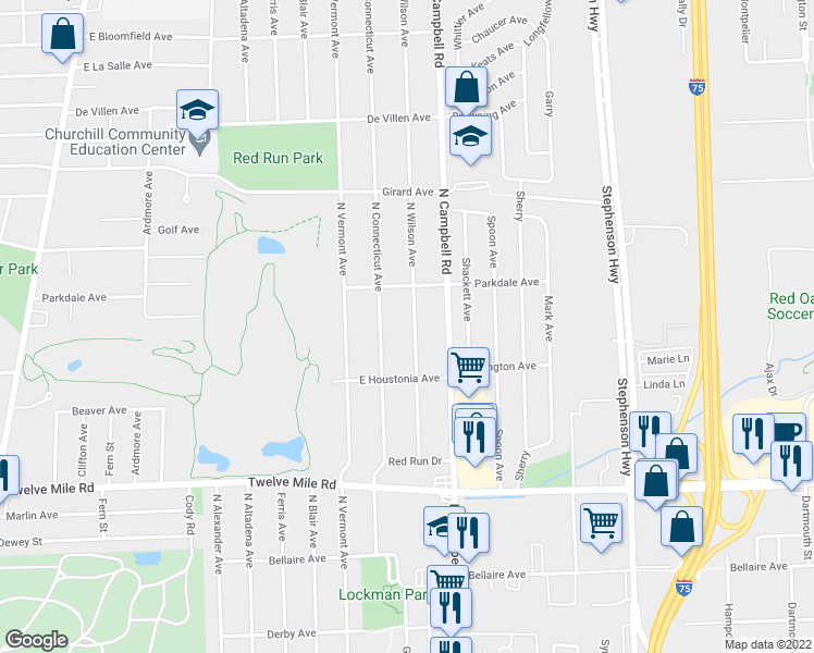 map of restaurants, bars, coffee shops, grocery stores, and more near 2221 North Wilson Avenue in Royal Oak
